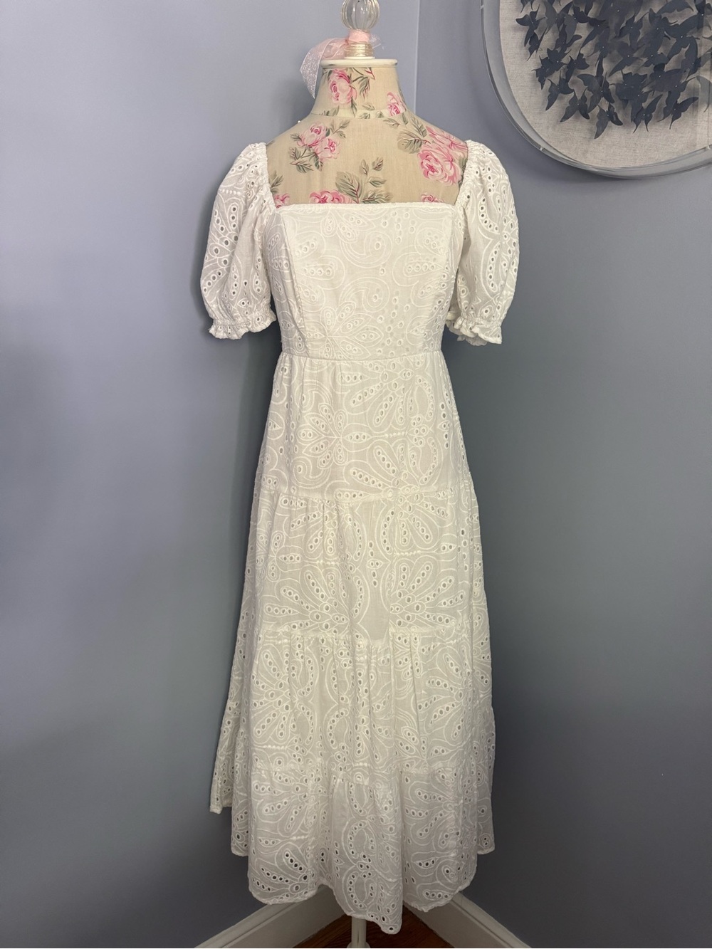 Francesca's White Eyelet Lace Puff Sleeve Midi Dress with Tie Back